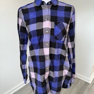 American Eagle Jegging Shirt Flannel Purple/Blue‎ Plaid Size S Soft Long Tunic
